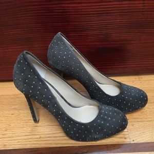 Never worn!  Gray suede with tiny silver beads